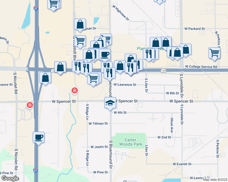 map of restaurants, bars, coffee shops, grocery stores, and more near 3030 West Spencer Street in Appleton