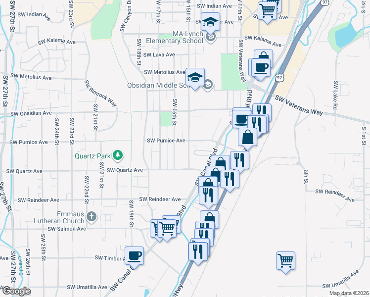 map of restaurants, bars, coffee shops, grocery stores, and more near 1830 Southwest 16th Street in Redmond