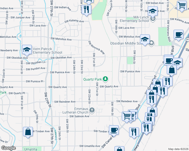 map of restaurants, bars, coffee shops, grocery stores, and more near 1809 Southwest 21st Street in Redmond