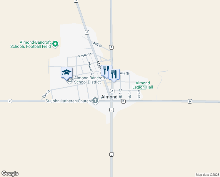 map of restaurants, bars, coffee shops, grocery stores, and more near in Almond