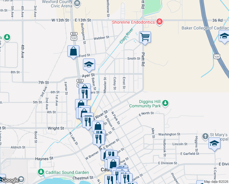 map of restaurants, bars, coffee shops, grocery stores, and more near 898 Cotey St in Cadillac