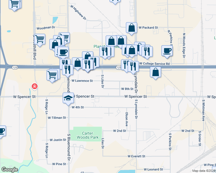 map of restaurants, bars, coffee shops, grocery stores, and more near 2745 West Lawrence Street in Appleton