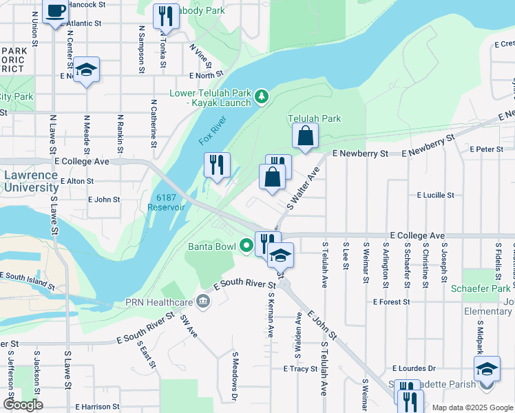 map of restaurants, bars, coffee shops, grocery stores, and more near 1225 East Gunn Street in Appleton