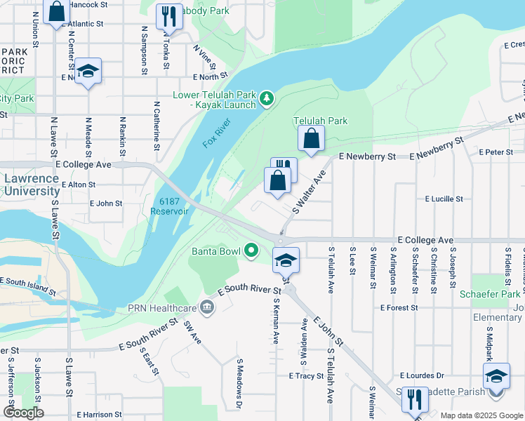 map of restaurants, bars, coffee shops, grocery stores, and more near 1225 East Gunn Street in Appleton