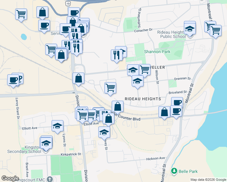 map of restaurants, bars, coffee shops, grocery stores, and more near 1 Parkington Place in Kingston