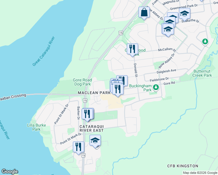 map of restaurants, bars, coffee shops, grocery stores, and more near 218 Gore Road in Kingston