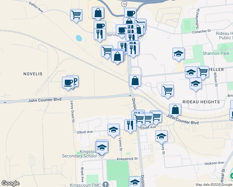 map of restaurants, bars, coffee shops, grocery stores, and more near 1045 John Counter Boulevard in Kingston