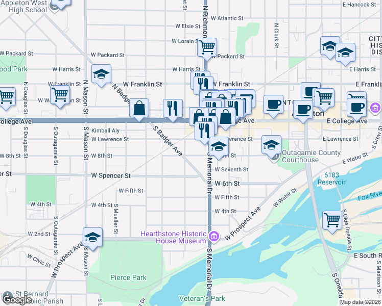 map of restaurants, bars, coffee shops, grocery stores, and more near 200 South Locust Street in Appleton