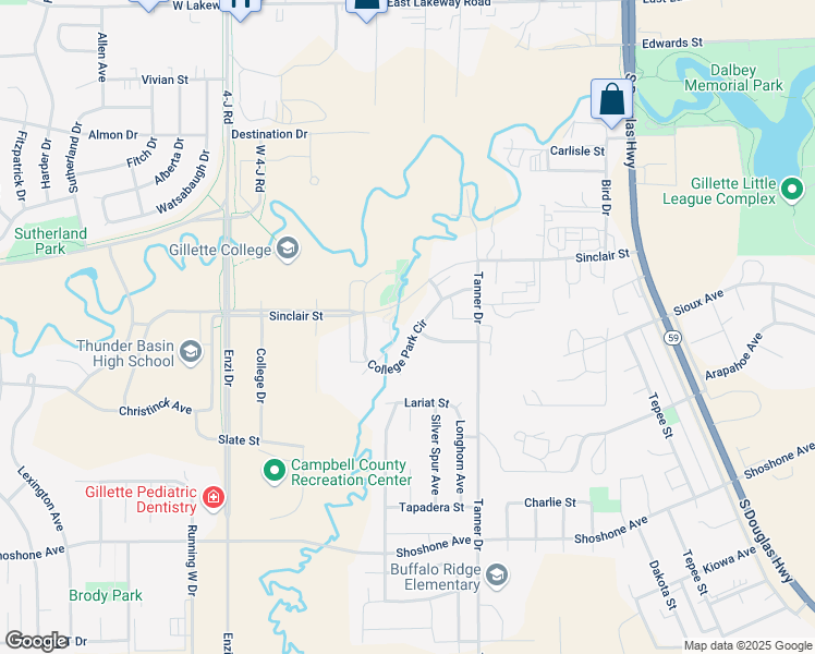 map of restaurants, bars, coffee shops, grocery stores, and more near Sinclair Street in Gillette