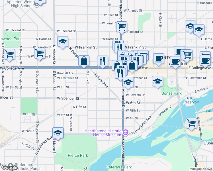 map of restaurants, bars, coffee shops, grocery stores, and more near 200 South Locust Street in Appleton
