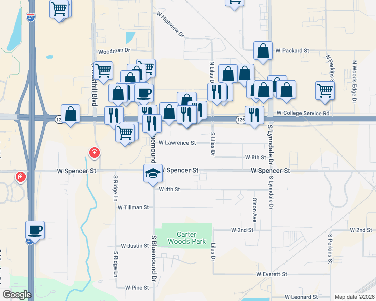 map of restaurants, bars, coffee shops, grocery stores, and more near 3005 West Lawrence Street in Appleton