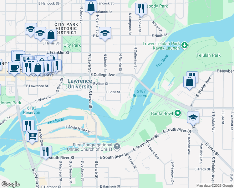 map of restaurants, bars, coffee shops, grocery stores, and more near 836 East John Street in Appleton
