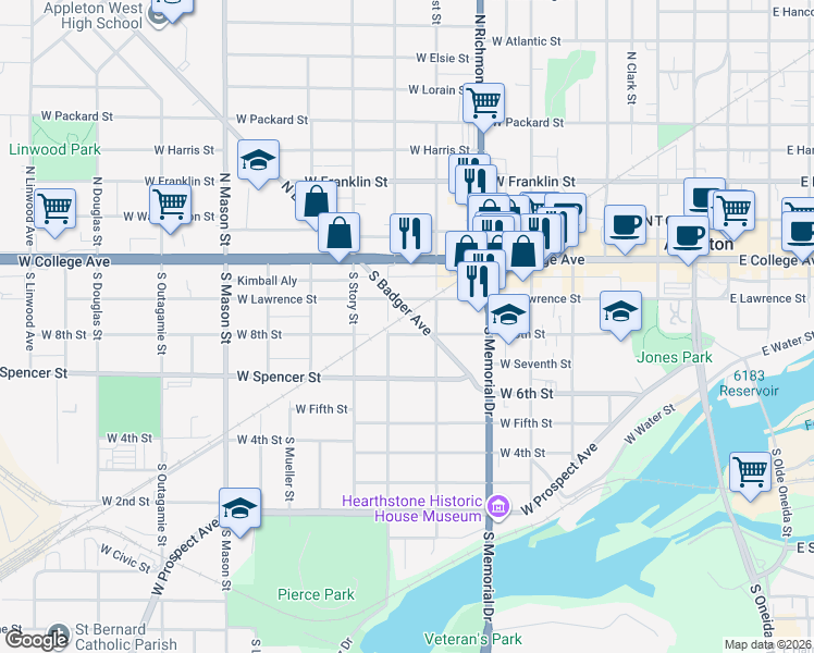 map of restaurants, bars, coffee shops, grocery stores, and more near 841 West Lawrence Street in Appleton
