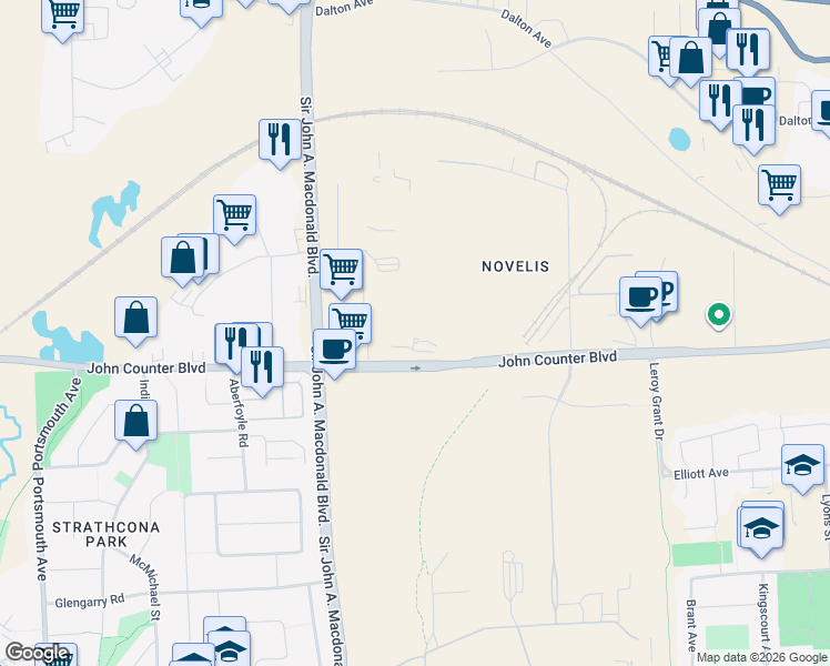 map of restaurants, bars, coffee shops, grocery stores, and more near 1355 John Counter Boulevard in Kingston