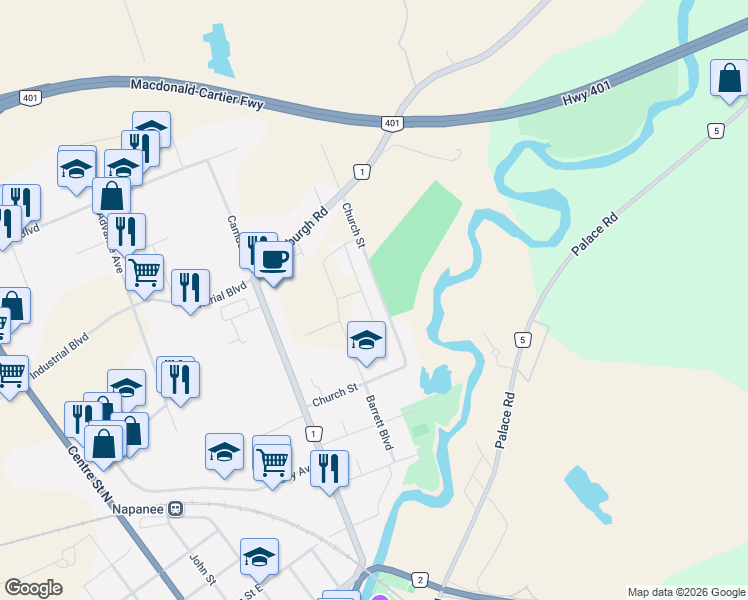 map of restaurants, bars, coffee shops, grocery stores, and more near 367 Ginger Street in Napanee