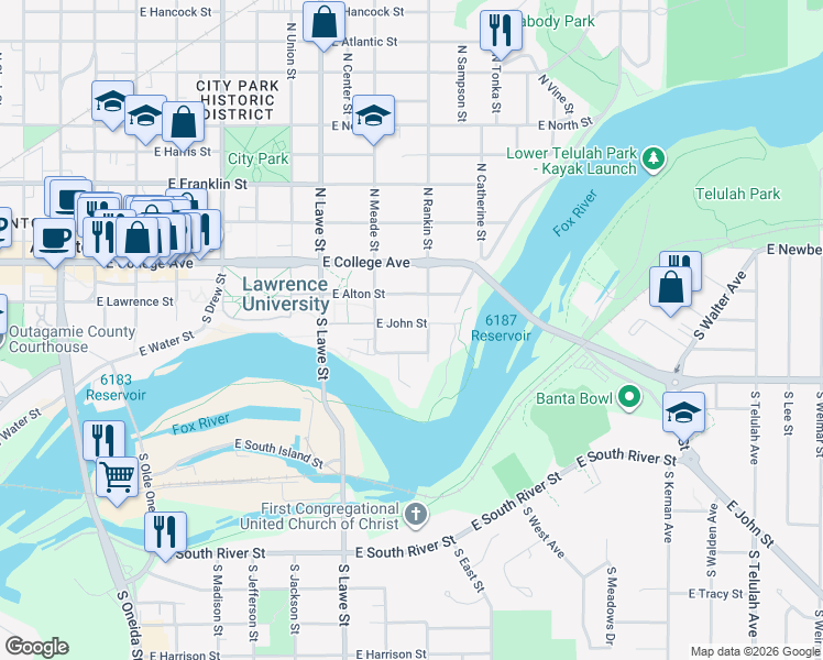 map of restaurants, bars, coffee shops, grocery stores, and more near 836 East John Street in Appleton