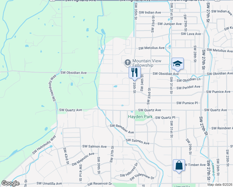 map of restaurants, bars, coffee shops, grocery stores, and more near 3521 Southwest Pumice Avenue in Redmond