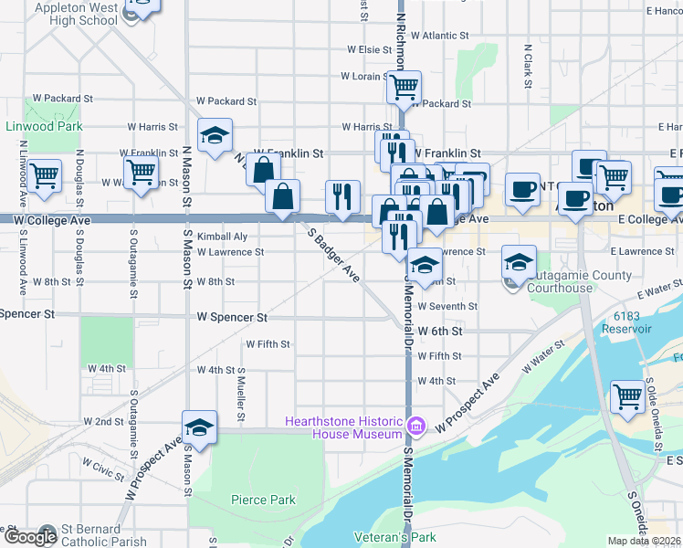 map of restaurants, bars, coffee shops, grocery stores, and more near 841 West Lawrence Street in Appleton