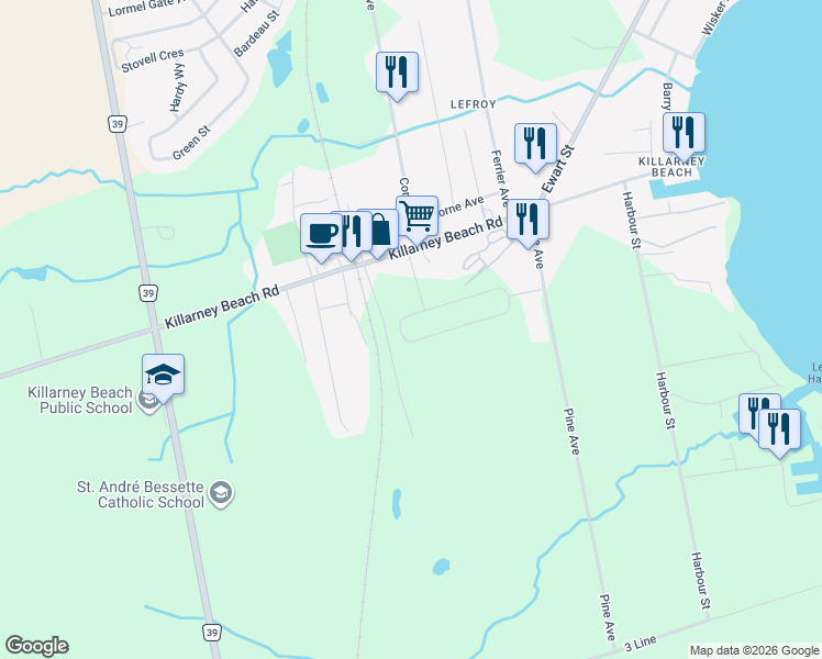map of restaurants, bars, coffee shops, grocery stores, and more near 1311 Killarney Beach Road in Innisfil