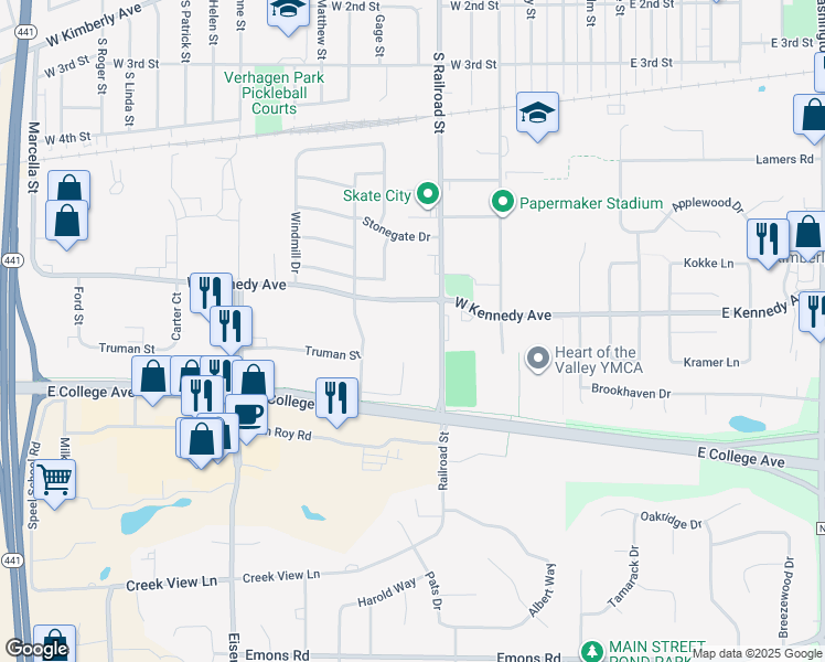 map of restaurants, bars, coffee shops, grocery stores, and more near 800 South Railroad Street in Kimberly