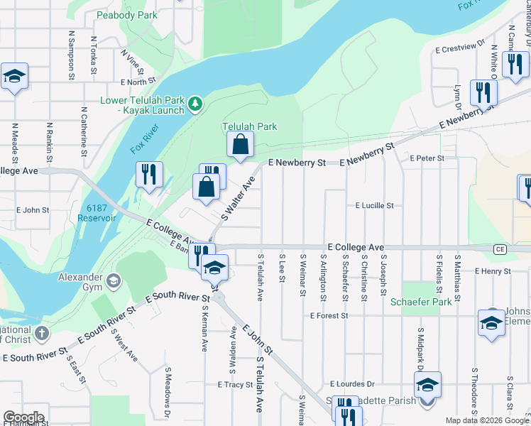 map of restaurants, bars, coffee shops, grocery stores, and more near 206 South Telulah Avenue in Appleton