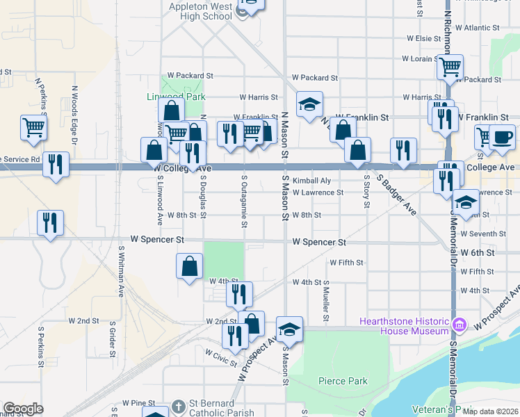 map of restaurants, bars, coffee shops, grocery stores, and more near 1353 West Lawrence Street in Appleton