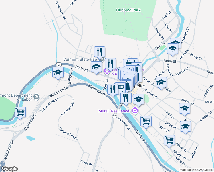 map of restaurants, bars, coffee shops, grocery stores, and more near 100 State Street in Montpelier