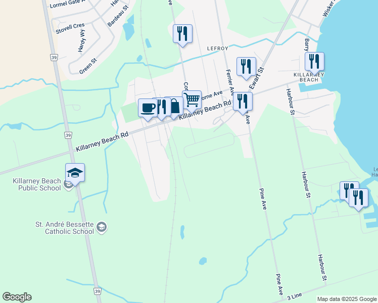 map of restaurants, bars, coffee shops, grocery stores, and more near 1311 Killarney Beach Road in Innisfil