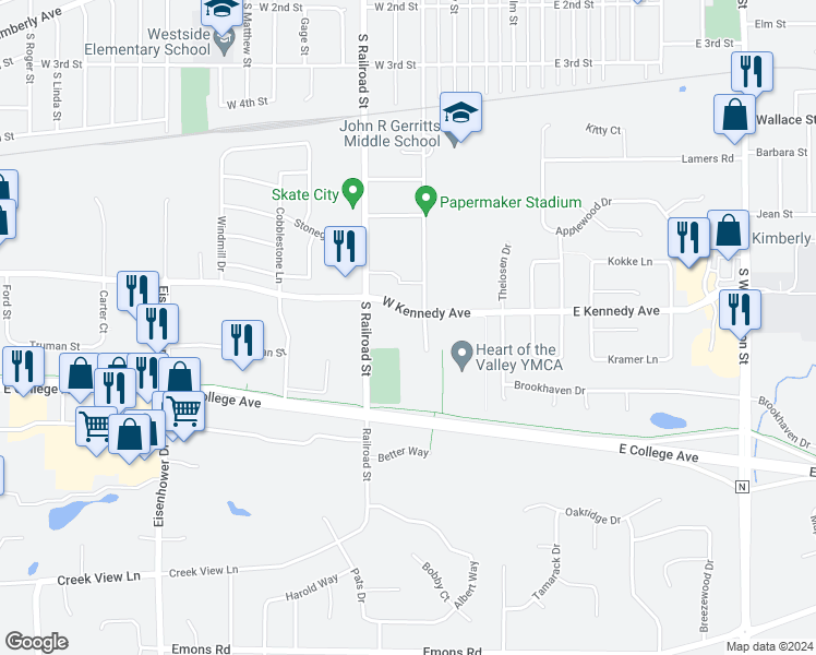 map of restaurants, bars, coffee shops, grocery stores, and more near 730 West Kennedy Avenue in Kimberly