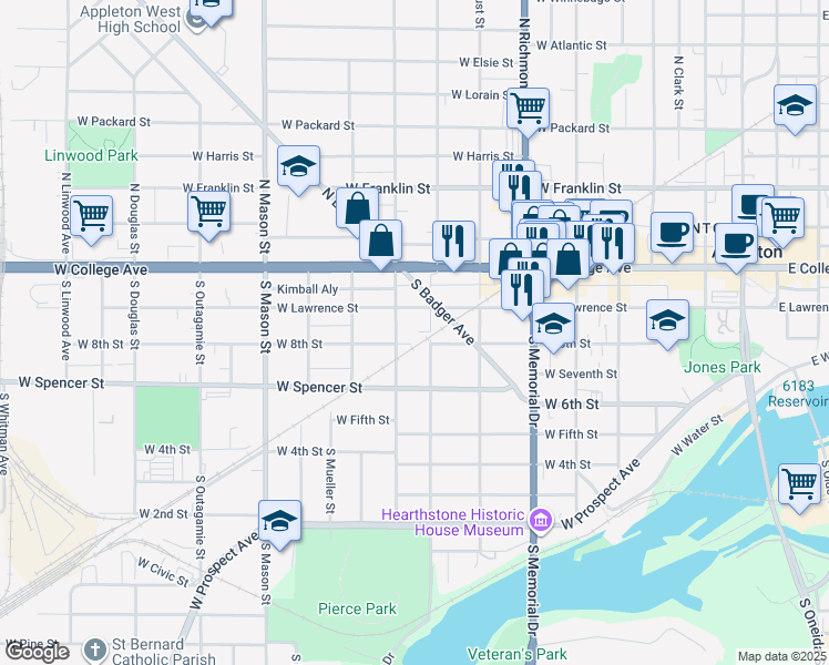 map of restaurants, bars, coffee shops, grocery stores, and more near in Appleton