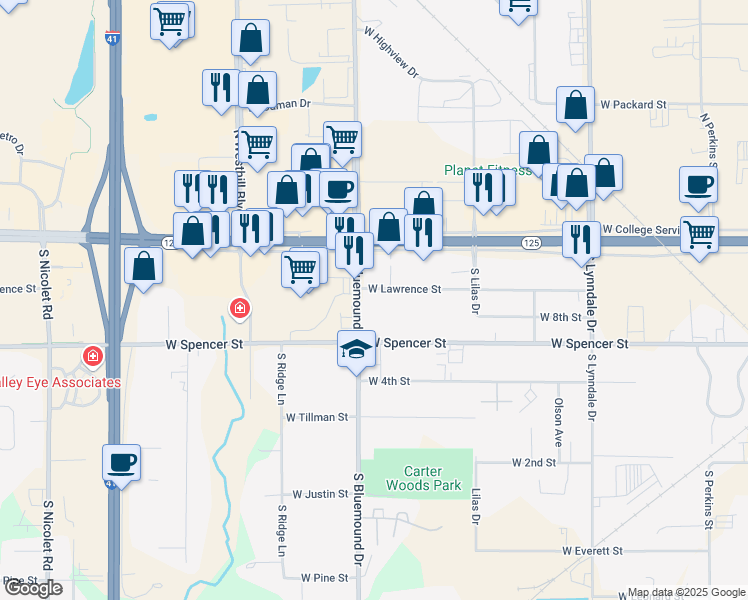 map of restaurants, bars, coffee shops, grocery stores, and more near 3004-3398 West Lawrence Street in Appleton