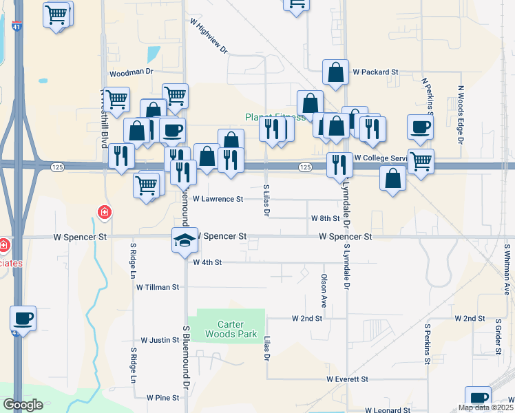 map of restaurants, bars, coffee shops, grocery stores, and more near 2965 West Lawrence Street in Appleton
