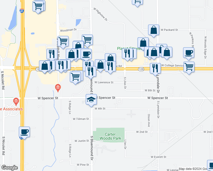 map of restaurants, bars, coffee shops, grocery stores, and more near 3005 West Lawrence Street in Appleton