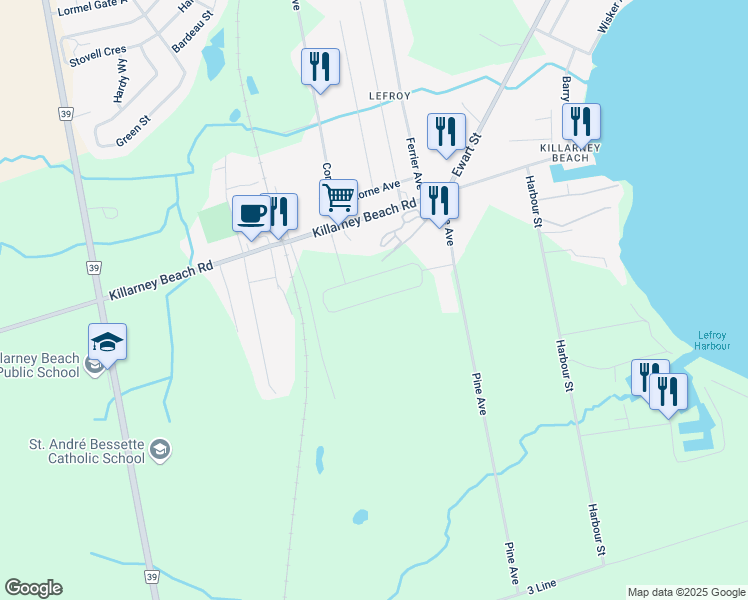 map of restaurants, bars, coffee shops, grocery stores, and more near Davis Loop in Innisfil
