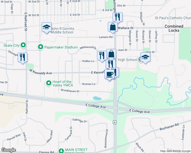 map of restaurants, bars, coffee shops, grocery stores, and more near 764 Rundquist Way in Kimberly