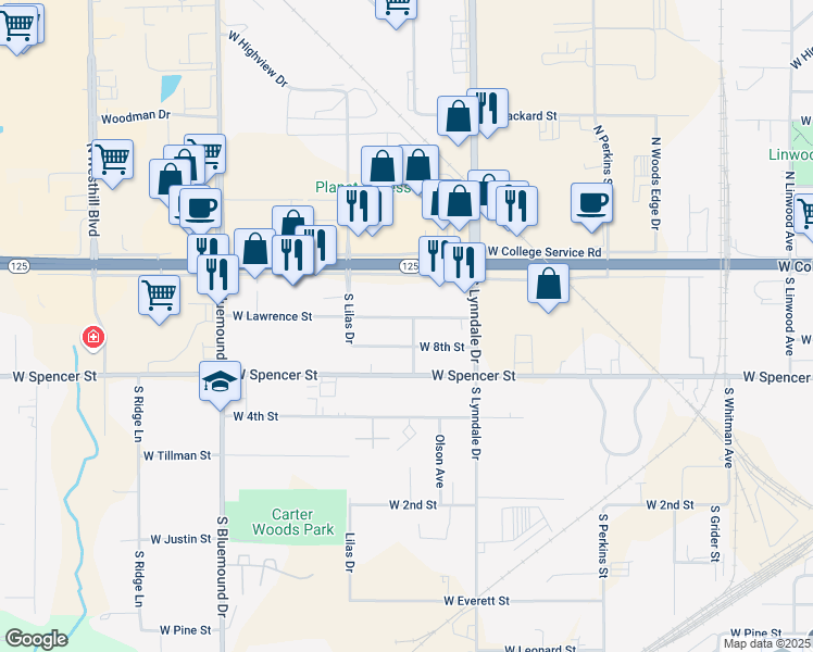 map of restaurants, bars, coffee shops, grocery stores, and more near 2713 West Lawrence Street in Appleton