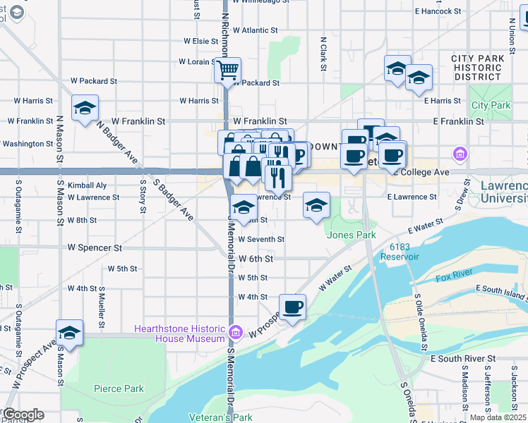 map of restaurants, bars, coffee shops, grocery stores, and more near 208 South State Street in Appleton