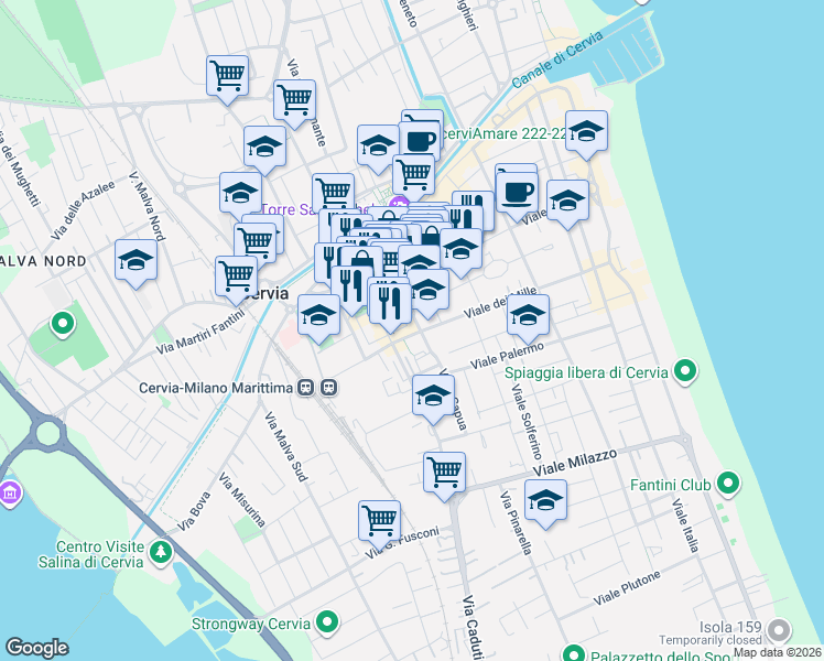 map of restaurants, bars, coffee shops, grocery stores, and more near 166 Circonvallazione Edoardo Sacchetti in Cervia