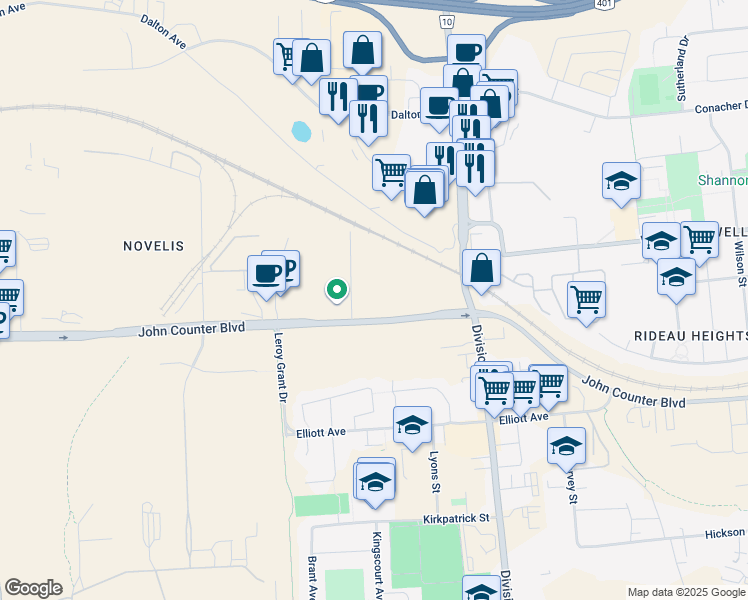 map of restaurants, bars, coffee shops, grocery stores, and more near 1093 John Counter Boulevard in Kingston