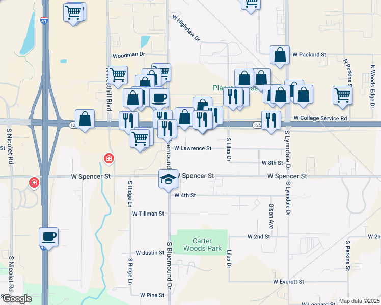 map of restaurants, bars, coffee shops, grocery stores, and more near 3005 West Lawrence Street in Appleton