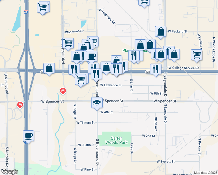map of restaurants, bars, coffee shops, grocery stores, and more near 3005 West Lawrence Street in Appleton