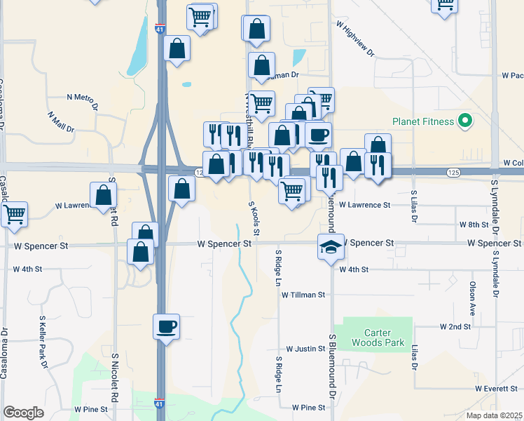 map of restaurants, bars, coffee shops, grocery stores, and more near 315 South Kools Street in Appleton