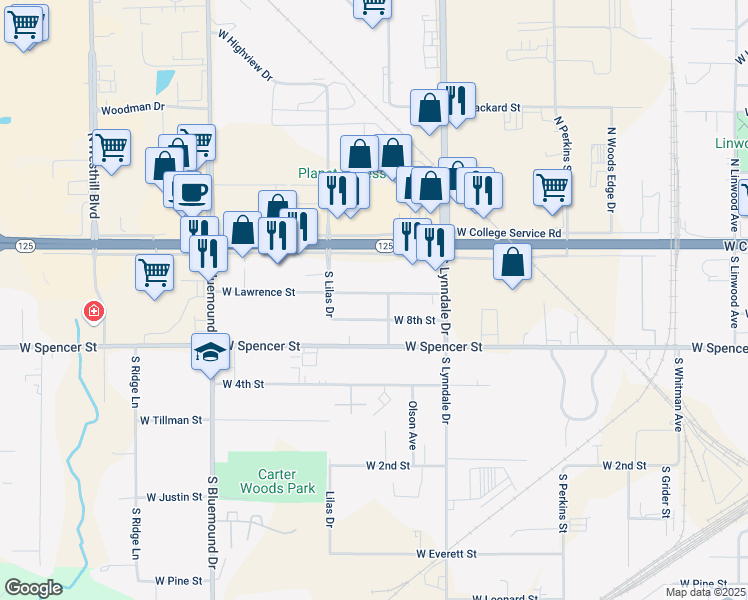map of restaurants, bars, coffee shops, grocery stores, and more near 2713 West Lawrence Street in Appleton