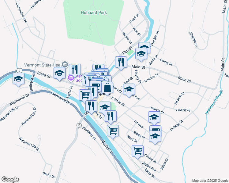 map of restaurants, bars, coffee shops, grocery stores, and more near 30 School Street in Montpelier