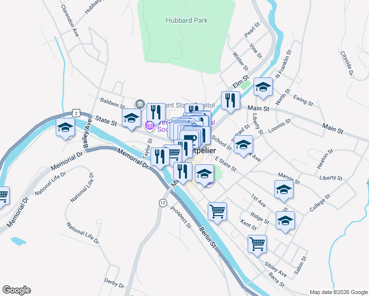 map of restaurants, bars, coffee shops, grocery stores, and more near in Montpelier