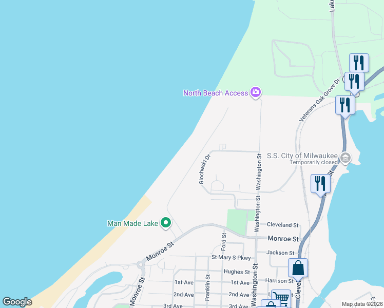 map of restaurants, bars, coffee shops, grocery stores, and more near 326 Dunes Drive in Manistee
