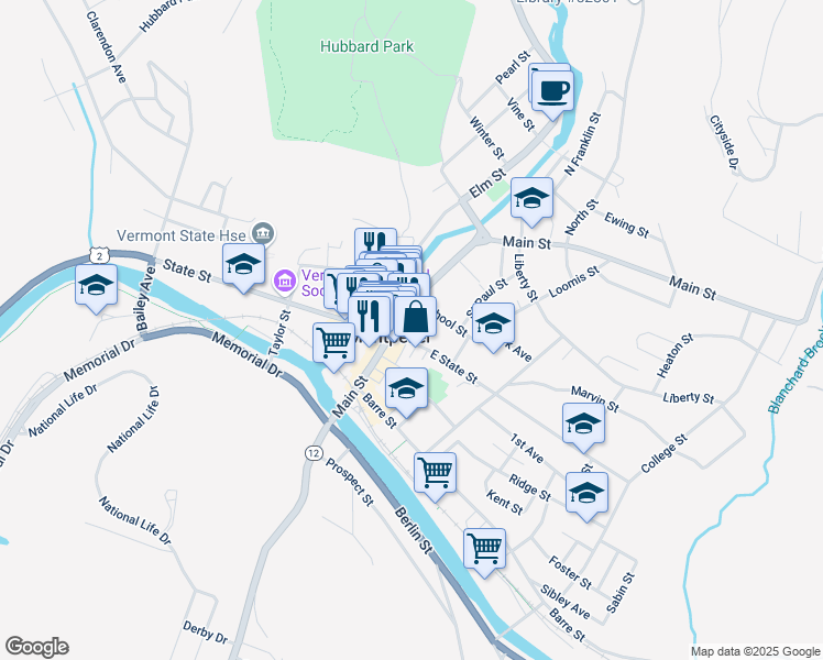 map of restaurants, bars, coffee shops, grocery stores, and more near 89 Main Street in Montpelier