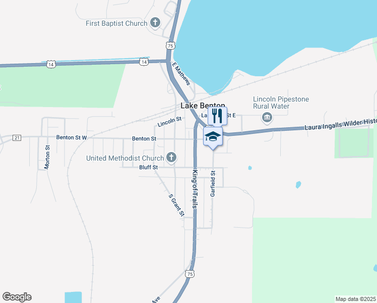map of restaurants, bars, coffee shops, grocery stores, and more near 106 Fremont Street South in Lake Benton