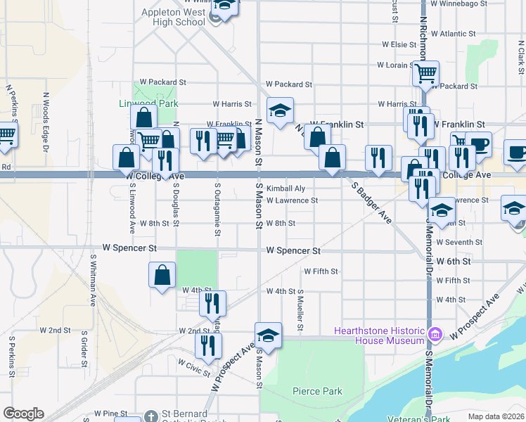 map of restaurants, bars, coffee shops, grocery stores, and more near 1219 West Lawrence Street in Appleton