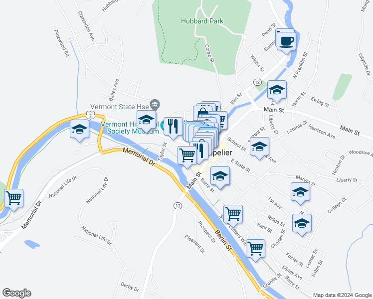 map of restaurants, bars, coffee shops, grocery stores, and more near 64 State Street in Montpelier
